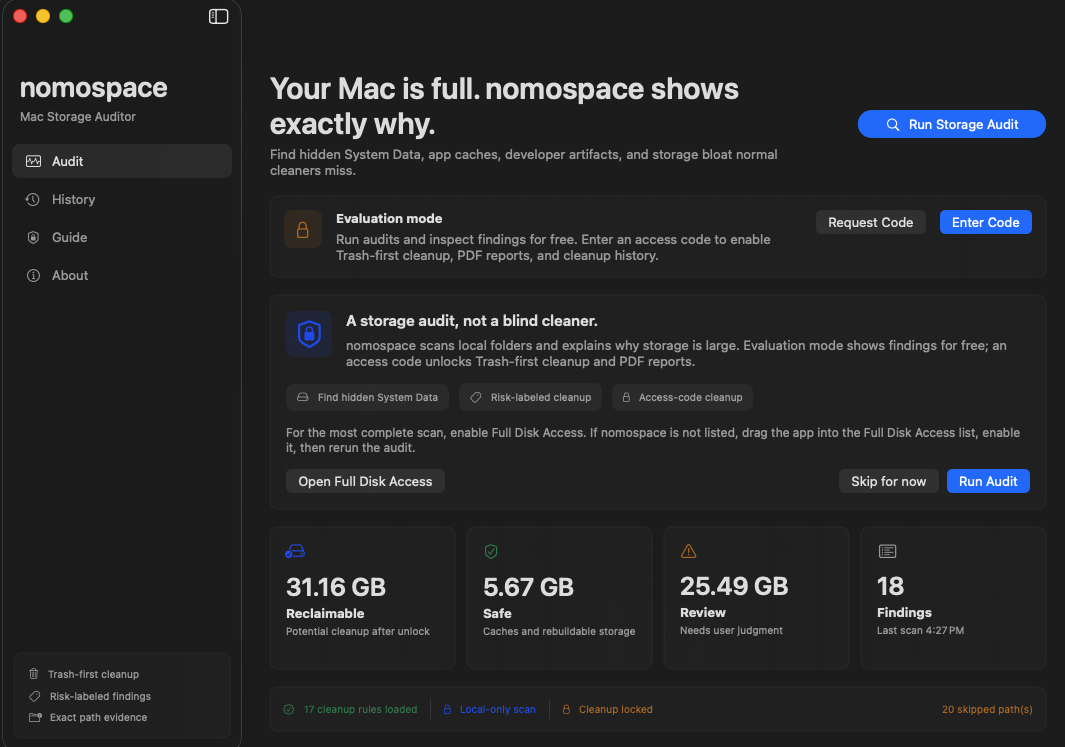 Nomo Space macOS app showing storage audit summary, evaluation mode, reclaimable storage, safe storage, review storage, and findings count